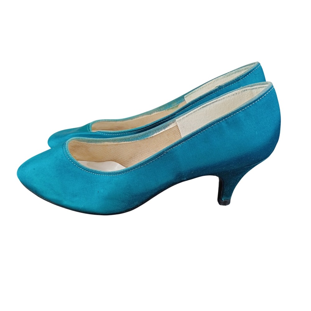 Emerald City Teal Blue Satin Kitten Heel Pumps Pointed Toe Size 7.5 Made in USA